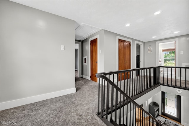 3905 Greenwich Rd, Norton, OH 44203 - hallway featuring attic access, an upstairs landing, carpet flooring, and recessed lighting