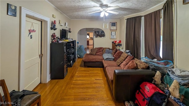 612 W Osborne St, Sandusky, OH 44870 - living area featuring arched walkways, a ceiling fan, a textured ceiling, crown molding, and light wood-style floors