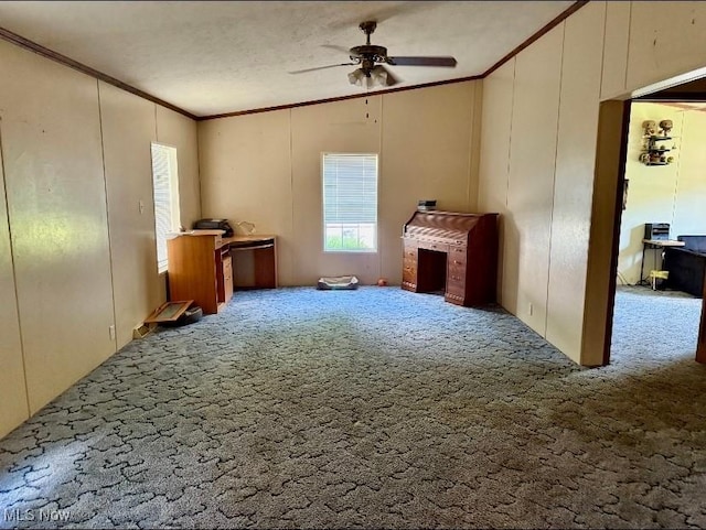 1711 Hardins Run Rd, New Cumberland, WV 26047 - unfurnished living room with crown molding, carpet floors, a ceiling fan, and lofted ceiling