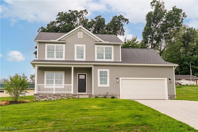 8452 Beatty St NW, Massillon, OH 44646 - view of front of home featuring covered porch, driveway, a garage, a front lawn, and a shingled roof