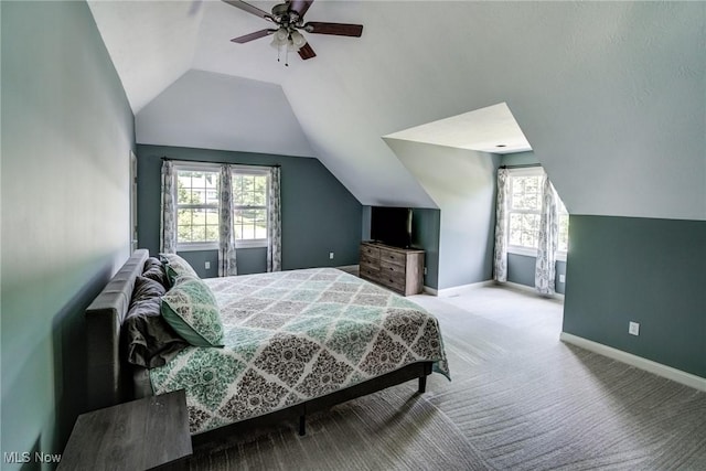 18367 Cranberry Ridge Ln, Chagrin Falls, OH 44023 - carpeted bedroom with lofted ceiling, multiple windows, and ceiling fan