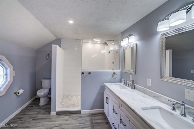 18367 Cranberry Ridge Ln, Chagrin Falls, OH 44023 - bathroom featuring double vanity, walk in shower, wood finished floors, a textured ceiling, and lofted ceiling