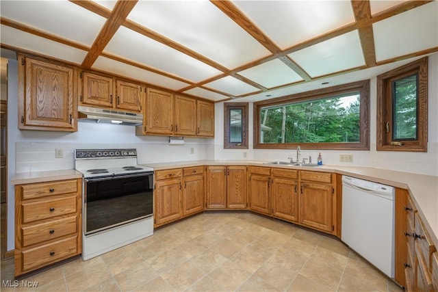 5835 Garth Cir NW, Canton, OH 44718 - kitchen featuring electric stove, under cabinet range hood, white dishwasher, backsplash, and light countertops