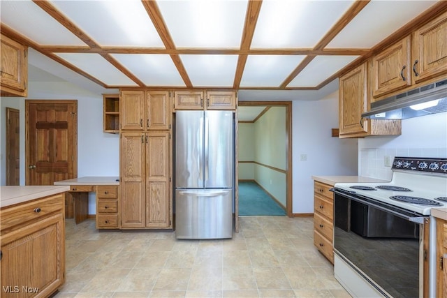 5835 Garth Cir NW, Canton, OH 44718 - kitchen with freestanding refrigerator, white electric range oven, under cabinet range hood, and light countertops