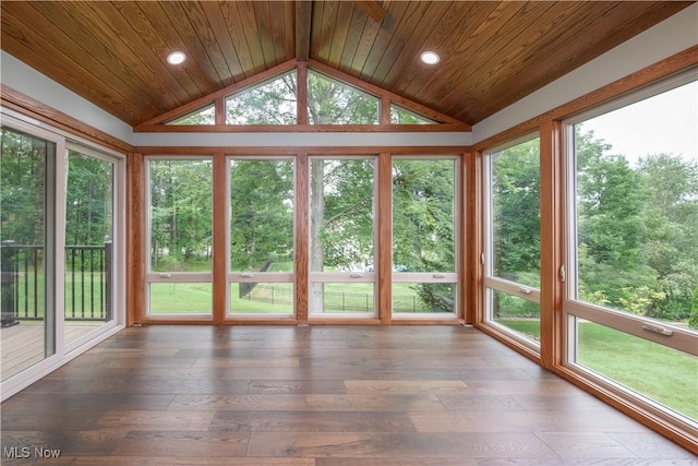 5835 Garth Cir NW, Canton, OH 44718 - unfurnished sunroom with lofted ceiling, wooden ceiling, wood finished floors, and recessed lighting