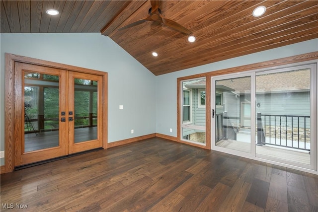 5835 Garth Cir NW, Canton, OH 44718 - empty room with french doors, vaulted ceiling, dark wood-type flooring, ceiling fan, and healthy amount of natural light