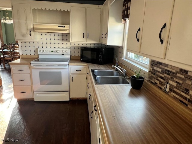 423 W Main St, Barnesville, OH 43713 - kitchen featuring black microwave, white electric range, range hood, open shelves, and light countertops