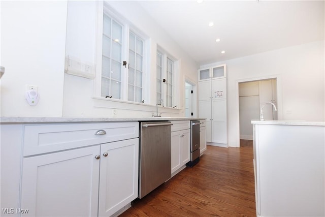 12 Lotus Ave, Chester, WV 26034 - kitchen featuring dishwasher, glass insert cabinets, white cabinets, dark wood-style flooring, and recessed lighting