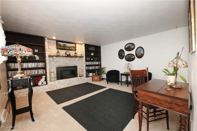 27 Robinson Ln, Weirton, WV 26062 - living room featuring built in features, carpet, and a brick fireplace