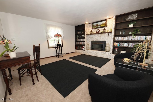 27 Robinson Ln, Weirton, WV 26062 - living room featuring light carpet, a fireplace, and built in shelves