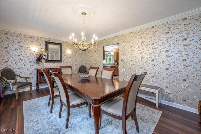 3043 E Wallings Rd, Broadview Heights, OH 44147 - dining space featuring a chandelier, ornamental molding, wood finished floors, and wallpapered walls