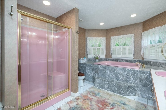 3043 E Wallings Rd, Broadview Heights, OH 44147 - full bathroom with a shower stall, a bath, tile patterned flooring, recessed lighting, and a textured ceiling