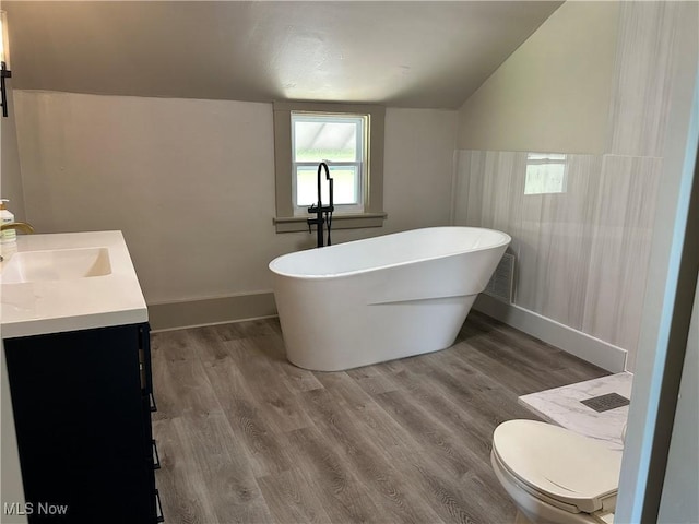 26 E Satin St, Jefferson, OH 44047 - full bath featuring a freestanding bath, vanity, vaulted ceiling, and wood finished floors