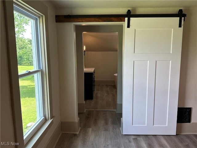 26 E Satin St, Jefferson, OH 44047 - hall with healthy amount of natural light, wood finished floors, and a barn door