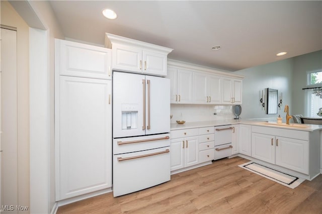 117 Nicklaus Dr NE, Warren, OH 44484 - kitchen with white appliances, white cabinets, light wood finished floors, recessed lighting, and light countertops