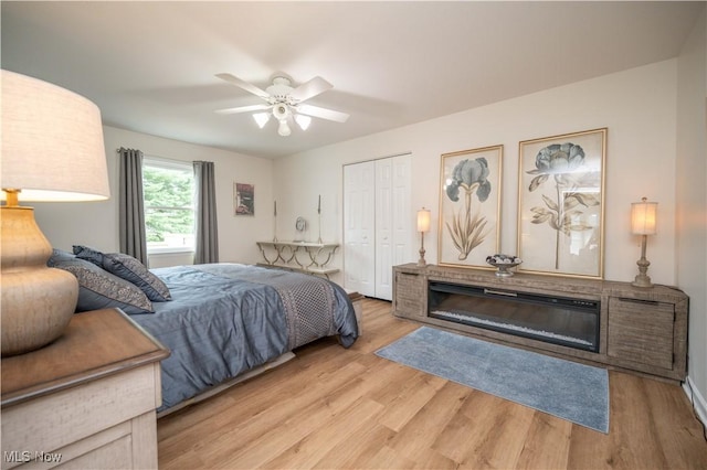 117 Nicklaus Dr NE, Warren, OH 44484 - bedroom with light wood-style floors, a glass covered fireplace, a closet, and ceiling fan