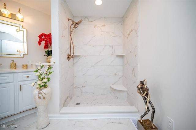 117 Nicklaus Dr NE, Warren, OH 44484 - bathroom featuring a marble finish shower, vanity, marble look tiles, and recessed lighting