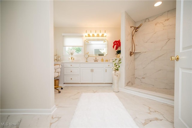 117 Nicklaus Dr NE, Warren, OH 44484 - full bathroom featuring marble finish flooring, vanity, a marble finish shower, and recessed lighting