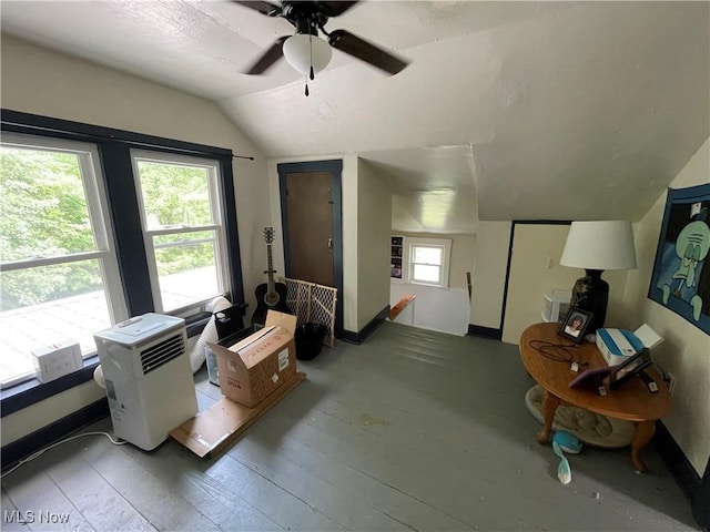 717 Calla Rd E, Poland, OH 44514 - living area featuring vaulted ceiling, healthy amount of natural light, ceiling fan, and wood-type flooring