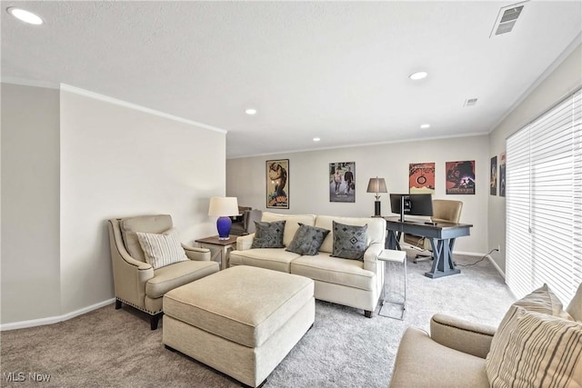 1851 King James Unit 322, Westlake, OH 44145 - carpeted living room with ornamental molding and recessed lighting