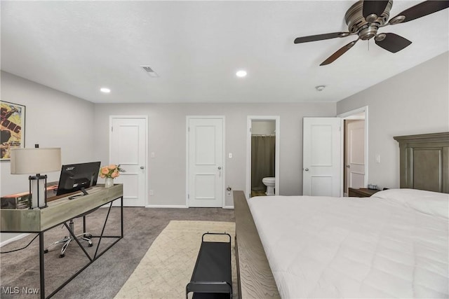 1851 King James Unit 322, Westlake, OH 44145 - bedroom featuring carpet flooring, an office area, recessed lighting, connected bathroom, and a ceiling fan