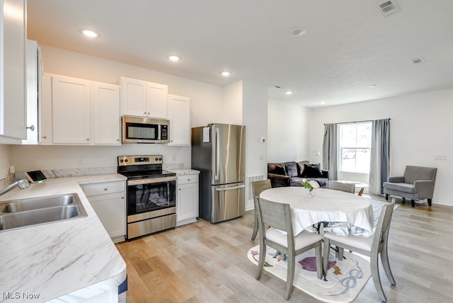 677 Crossings Ln, Akron, OH 44320 - kitchen featuring stainless steel appliances, open floor plan, light wood-type flooring, white cabinetry, and recessed lighting
