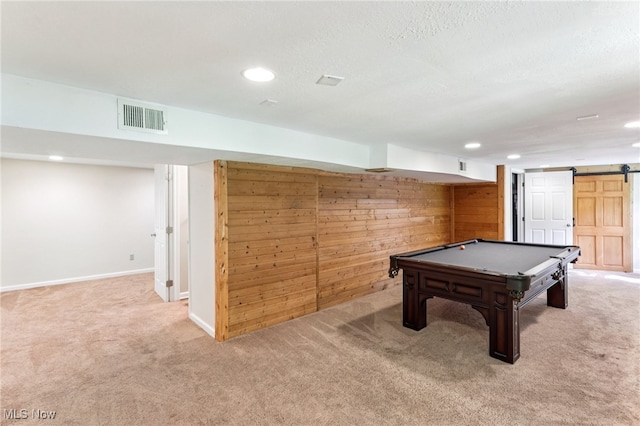 2331 Woodpark Rd, Fairlawn, OH 44333 - game room featuring carpet, a barn door, recessed lighting, billiards table, and wood walls