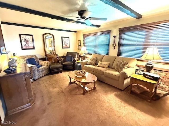 120 Kennedy Ave, Follansbee, WV 26037 - carpeted living room with ceiling fan and beam ceiling