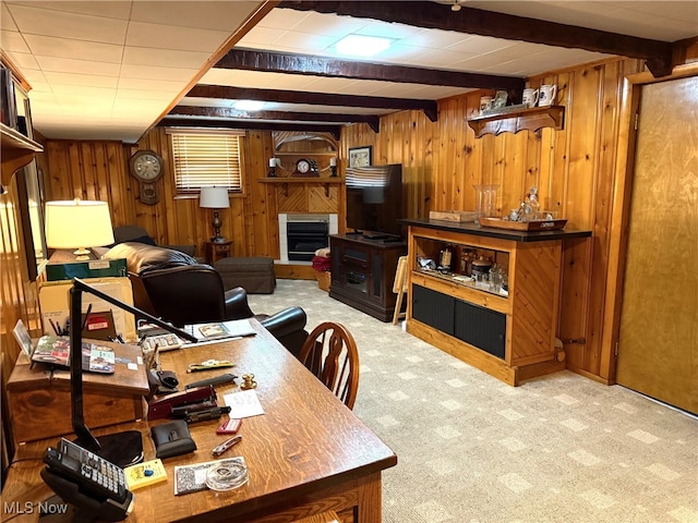 120 Kennedy Ave, Follansbee, WV 26037 - office area featuring wood walls, carpet flooring, and beamed ceiling