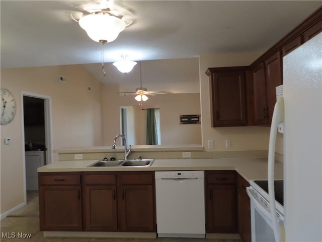 723 Whisper Creek Ln, Lodi, OH 44254 - kitchen with white appliances, a peninsula, a ceiling fan, lofted ceiling, and light countertops