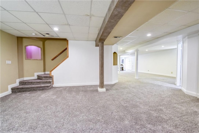 9798 Firestone Ln, Macedonia, OH 44056 - finished below grade area with carpet flooring, a drop ceiling, stairs, and recessed lighting