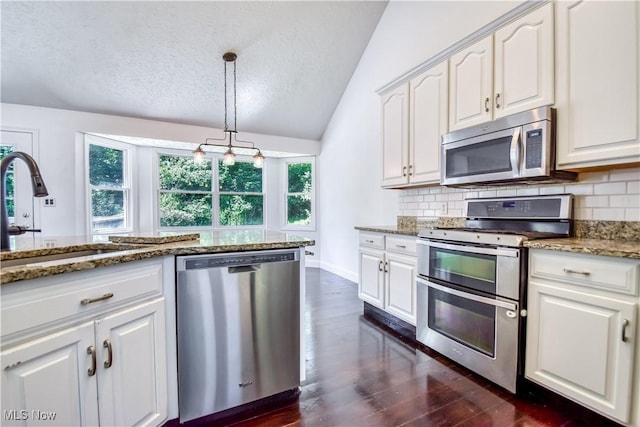 9798 Firestone Ln, Macedonia, OH 44056 - kitchen with stainless steel appliances, vaulted ceiling, tasteful backsplash, dark wood finished floors, and a textured ceiling
