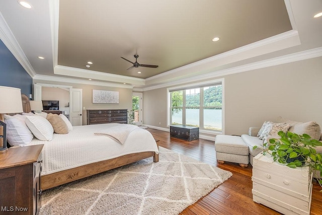 390 Powell Riverfront Rd, Saint Marys, WV 26170 - bedroom with a raised ceiling, hardwood / wood-style flooring, crown molding, a ceiling fan, and recessed lighting