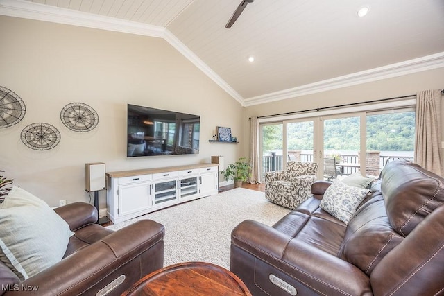 390 Powell Riverfront Rd, Saint Marys, WV 26170 - living room featuring lofted ceiling, ornamental molding, wood finished floors, and recessed lighting