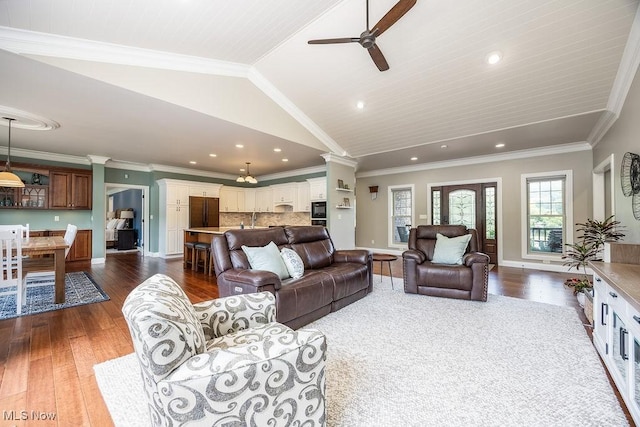 390 Powell Riverfront Rd, Saint Marys, WV 26170 - living room with decorative columns, ceiling fan, dark wood-style floors, vaulted ceiling, and recessed lighting