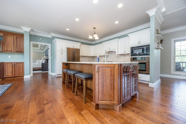 390 Powell Riverfront Rd, Saint Marys, WV 26170 - kitchen with black microwave, oven, high quality fridge, a chandelier, and dark wood-type flooring
