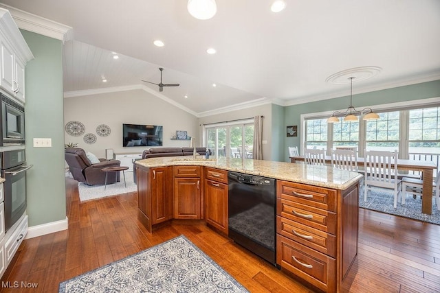 390 Powell Riverfront Rd, Saint Marys, WV 26170 - kitchen with dishwasher, stainless steel oven, dark wood finished floors, open floor plan, and brown cabinetry