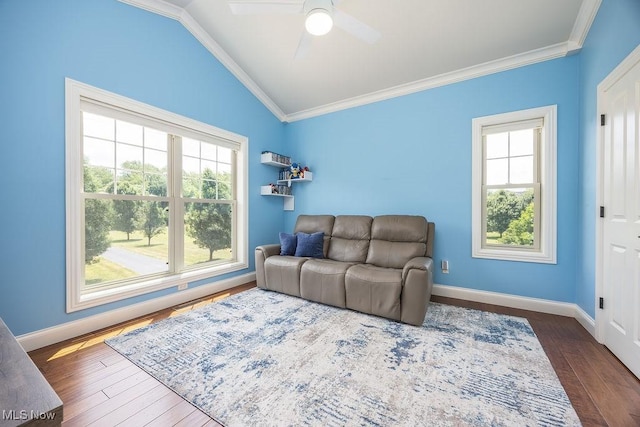 390 Powell Riverfront Rd, Saint Marys, WV 26170 - living area featuring healthy amount of natural light, lofted ceiling, dark wood finished floors, crown molding, and a ceiling fan