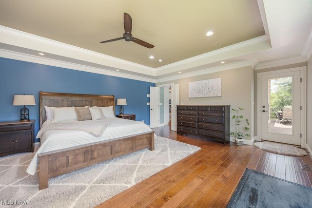390 Powell Riverfront Rd, Saint Marys, WV 26170 - bedroom with a raised ceiling, access to exterior, wood finished floors, crown molding, and a ceiling fan