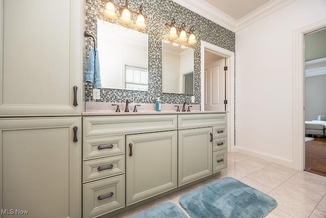 390 Powell Riverfront Rd, Saint Marys, WV 26170 - bathroom with crown molding, double vanity, backsplash, and tile patterned floors