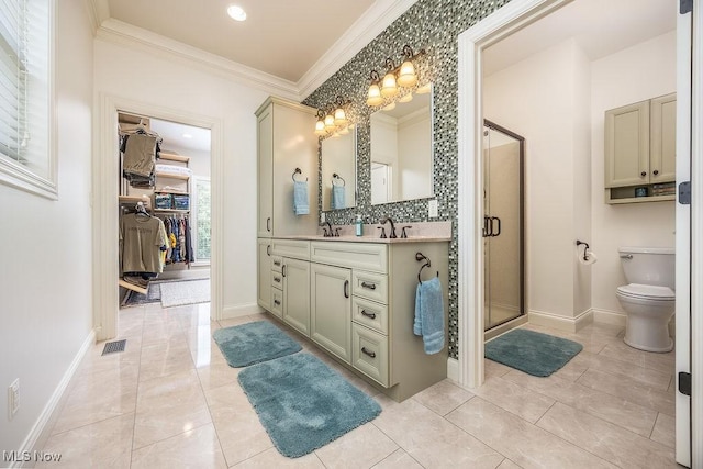 390 Powell Riverfront Rd, Saint Marys, WV 26170 - full bath featuring vanity, ornamental molding, a shower stall, decorative backsplash, and a walk in closet