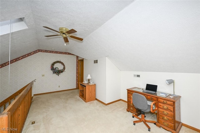 1412 Tewksbury Cir Unit 1C, Cuyahoga Falls, OH 44221 - carpeted office with ceiling fan, vaulted ceiling, and a textured ceiling