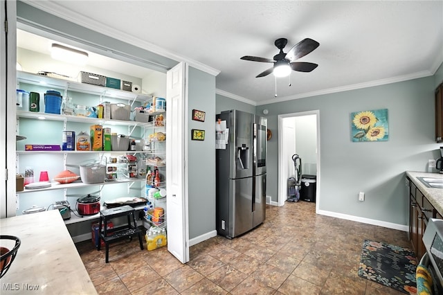 2107 13th St, Cuyahoga Falls, OH 44223 - kitchen featuring stainless steel fridge, ornamental molding, and a ceiling fan