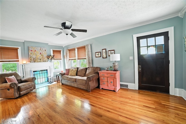 2107 13th St, Cuyahoga Falls, OH 44223 - living room featuring crown molding, healthy amount of natural light, light wood-type flooring, a ceiling fan, and a fireplace with flush hearth