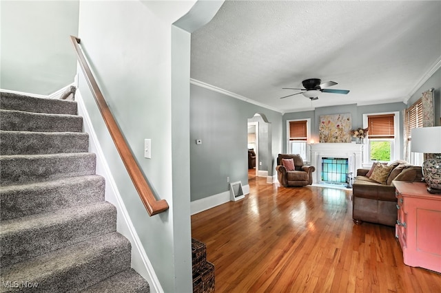 2107 13th St, Cuyahoga Falls, OH 44223 - living area with wood-type flooring, ornamental molding, a ceiling fan, stairs, and arched walkways