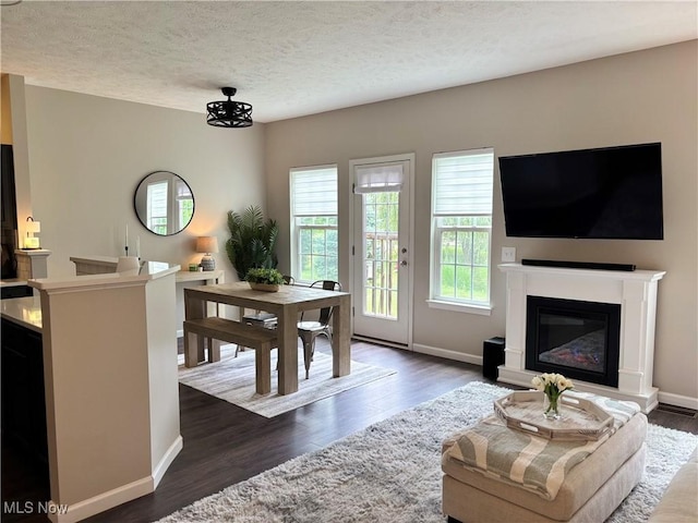 1314 Wellingshire Cir, Cuyahoga Falls, OH 44221 - living room featuring dark wood-style floors, a glass covered fireplace, and a textured ceiling