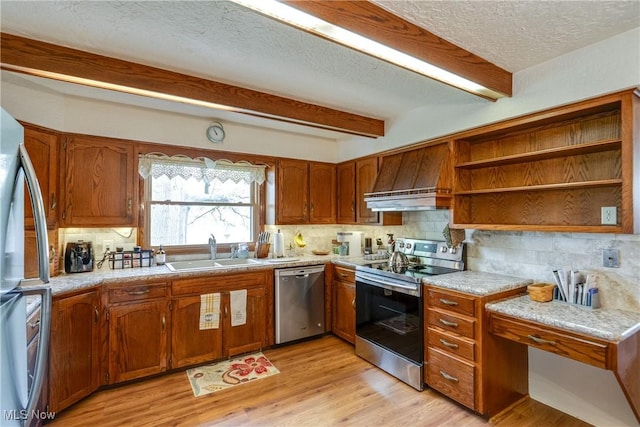 10154 Carlswood Ave NE, Hartville, OH 44632 - kitchen with stainless steel appliances, open shelves, brown cabinets, beam ceiling, and tasteful backsplash