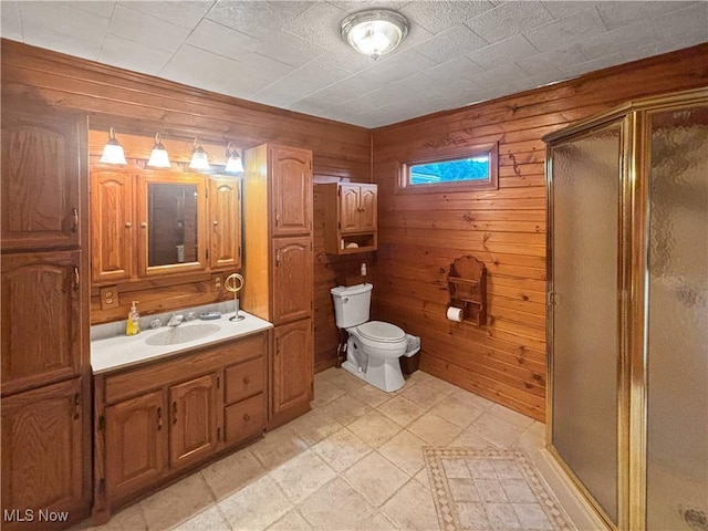 507 Harker Ave, Newell, WV 26050 - full bathroom featuring a shower stall, wood walls, and vanity