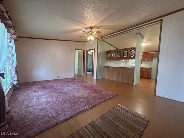 355 Muskingum River Rd, Marietta, OH 45750 - unfurnished living room featuring a textured ceiling, wood finished floors, a ceiling fan, and crown molding