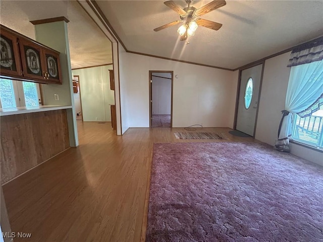 355 Muskingum River Rd, Marietta, OH 45750 - unfurnished living room with wood finished floors, ornamental molding, and a ceiling fan